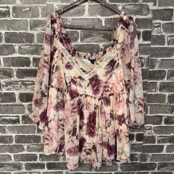 NWT Torrid Babydoll Crinkle Chiffon Blouson Sleeve Top shirt DUSK ROSE FLORAL - Picture 1 of 14